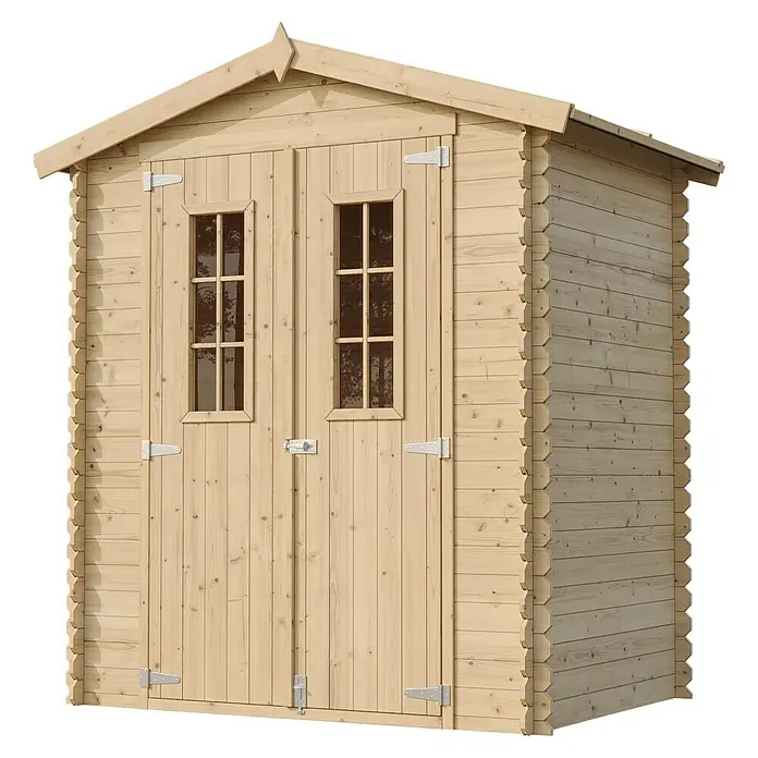 Timbela Gerätehaus M367C - Außenmaß inkl. Dachüberstand (B x T): 196 x 136 cm, Holz, Natur, Ohne Fußboden - Holzgartenhaus mit Doppeltür und Fenstern. Das Haus bietet Stauraum für Gartengeräte und Werkzeuge.