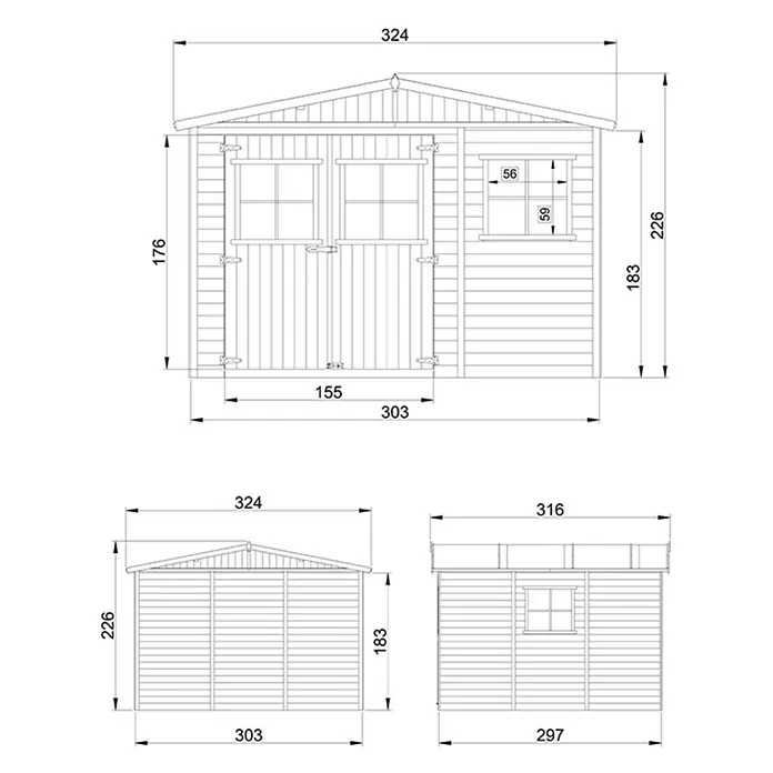 Timbela Gerätehaus M335 - Außenmaß inkl. Dachüberstand (B x T): 324 x 316 cm, Holz, Natur, Ohne Fußboden - Abbildung einer Gartenlaube mit Maßen.