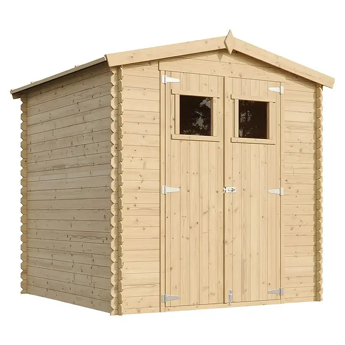 Timbela Gerätehaus M343 - Außenmaß inkl. Dachüberstand (B x T): 216 x 206 cm, Holz, Natur, Ohne Fußboden - Abbildung eines Holzgartenschuppens mit Doppeltür und kleinen Fenstern, ideal für die Aufbewahrung von Gartengeräten und -möbeln.