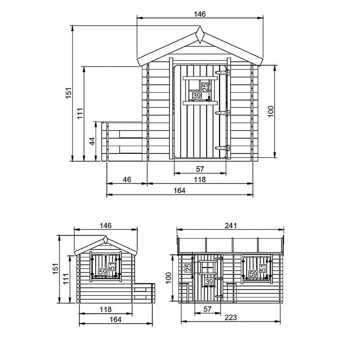 Timbela Spielhaus - L x B x H: 146 x 241 x 151 cm, Holz, Natur - Technische Zeichnung eines Spielhauses mit allen Maßen zur einfachen Montage.