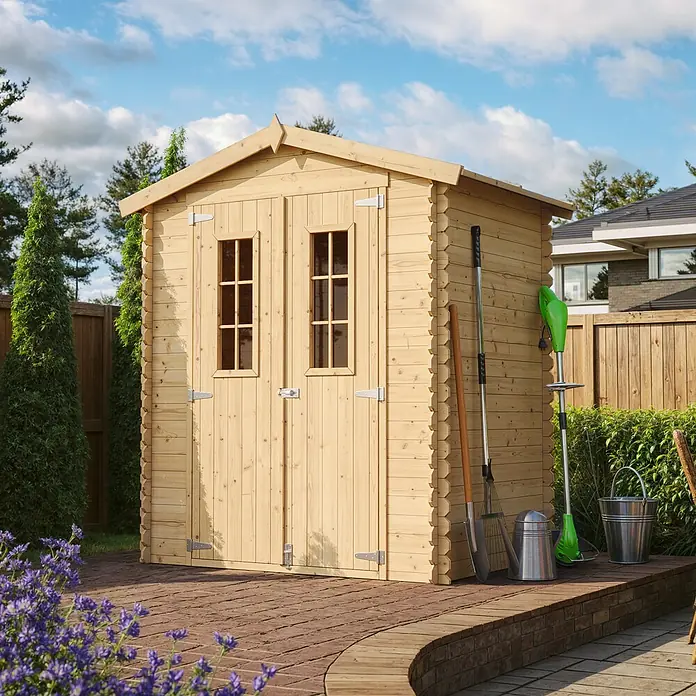 Timbela Gerätehaus M367C - Außenmaß inkl. Dachüberstand (B x T): 196 x 136 cm, Holz, Natur, Ohne Fußboden - Hölzernes Gartenhaus mit Doppeltür und Werkzeugen an der Seite, ideal für die Aufbewahrung von Gartengeräten und Zubehör.