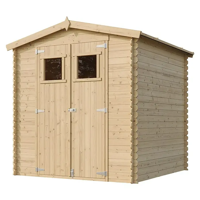 Timbela Gerätehaus M343 - Außenmaß inkl. Dachüberstand (B x T): 216 x 206 cm, Holz, Natur, Ohne Fußboden - Abbildung eines hellen Holzgartenhauses mit Doppeltür und zwei Fenstern, ideal für die Aufbewahrung von Gartengeräten und -möbeln.