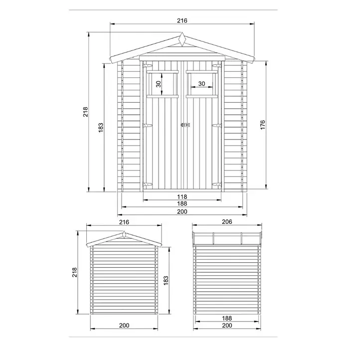 Timbela Gerätehaus M343 - Außenmaß inkl. Dachüberstand (B x T): 216 x 206 cm, Holz, Natur, Ohne Fußboden - Eine detaillierte Schemazeichnung eines Gerätehauses mit Maßangaben zu Länge, Höhe und Breite für eine präzise Planung.