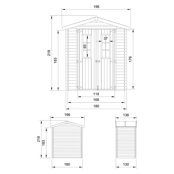 Timbela Gerätehaus M367C - Außenmaß inkl. Dachüberstand (B x T): 196 x 136 cm, Holz, Natur, Ohne Fußboden - Abbildung einer Gartenlaube mit Maßangaben für Breite, Höhe und Tiefe, hilfreich für Bau oder Kauf.