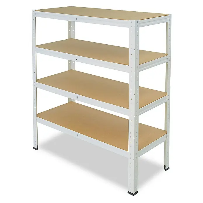 shelfplaza Schwerlastregal HOME - H x B x T: 100 x 120 x 45 cm, Traglast pro Boden: 175 kg, Stecken, weiß - Vierstöckiges weißes Metallregal mit braunen Regalböden, ideal für Lagerung und Organisation. Praktisches Möbelstück mit viel Stauraum.