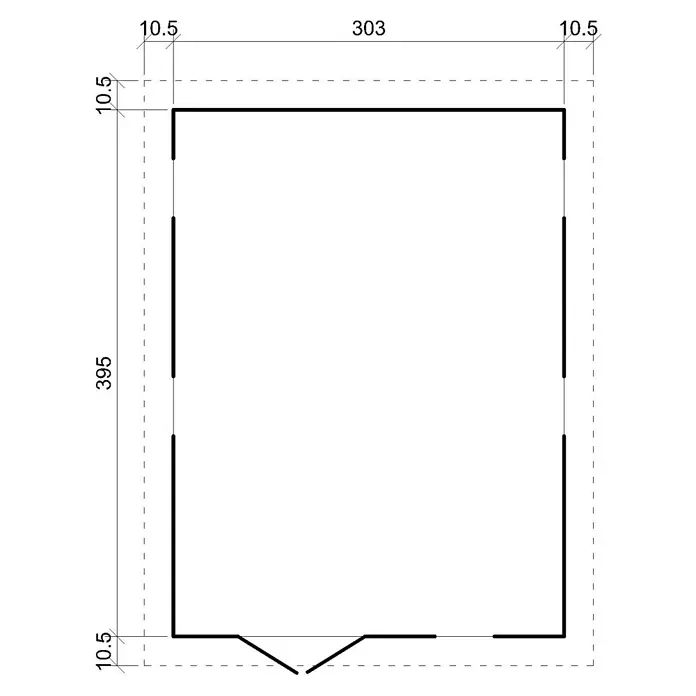 Timbela Gerätehaus M336 - Außenmaß inkl. Dachüberstand (B x T): 324 x 416 cm, Holz, Natur, Ohne Fußboden - Abbildung eines rechteckigen Grundrisses mit den Maßen 303 x 395 und einer Stärke von 10,5.