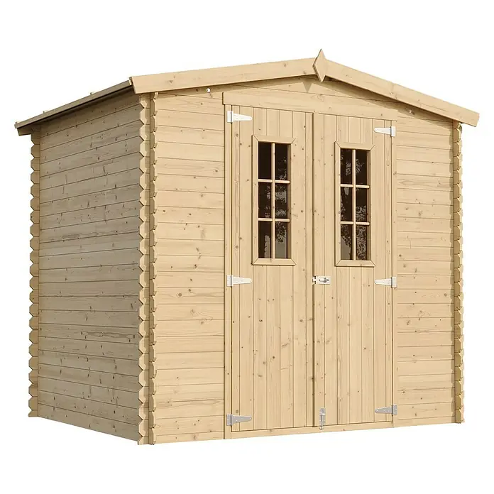 Timbela Gerätehaus M369C - Außenmaß inkl. Dachüberstand (B x T): 236 x 226 cm, Holz, Natur, Ohne Fußboden - Holzschuppen mit Doppeltür und Fenstern. Der Gartenhaus ist ideal für die Aufbewahrung von Gartengeräten.