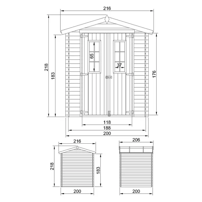 Timbela Gerätehaus M343C - Außenmaß inkl. Dachüberstand (B x T): 216 x 206 cm, Holz, Natur - Technische Zeichnung eines Gerätehauses mit Bemaßungen für Breite (216 cm), Höhe (218 cm) und Tiefe (200 cm) zur Planung.