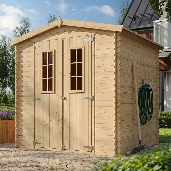 Timbela Gerätehaus M343C - Außenmaß inkl. Dachüberstand (B x T): 216 x 206 cm, Holz, Natur - Ein geräumiges Gartenhaus aus Holz mit Doppeltür und Fenstern, ideal zur Aufbewahrung von Gartengeräten und Werkzeugen im Außenbereich.
