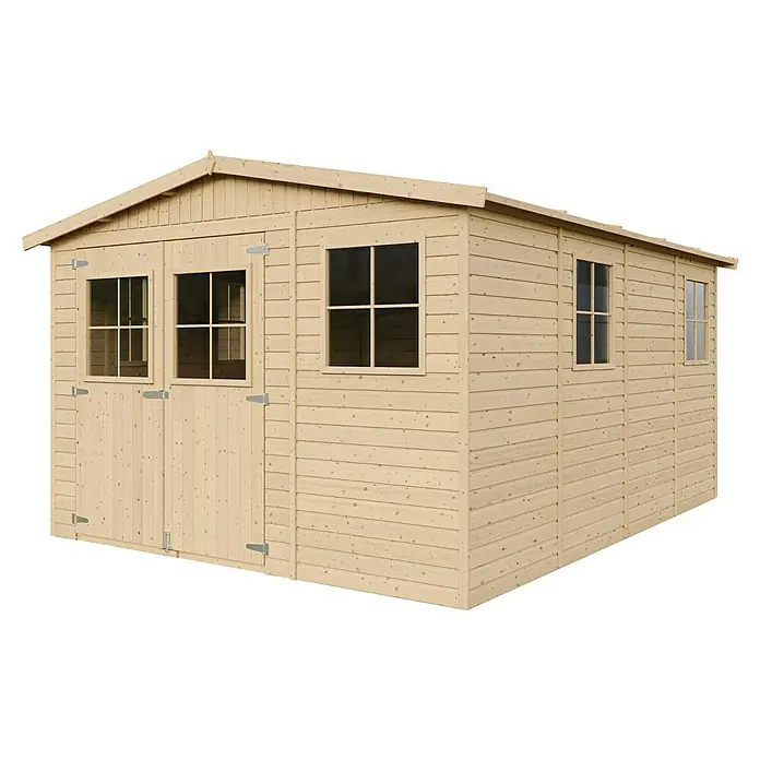 Timbela Gerätehaus M336 - Außenmaß inkl. Dachüberstand (B x T): 324 x 416 cm, Holz, Natur, Ohne Fußboden - Abbildung eines Holzgartenhauses mit Doppeltür und mehreren Fenstern, ideal für die Aufbewahrung von Gartengeräten.