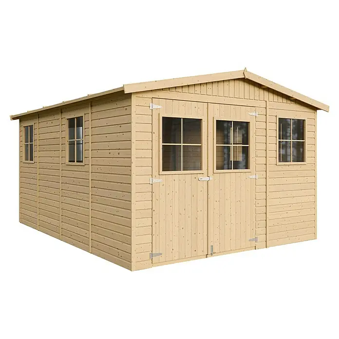 Timbela Gerätehaus M336 - Außenmaß inkl. Dachüberstand (B x T): 324 x 416 cm, Holz, Natur, Ohne Fußboden - Ein helles Holzgartenhaus mit Fenstern und Doppeltür, ideal für die Aufbewahrung von Gartengeräten und Werkzeugen.