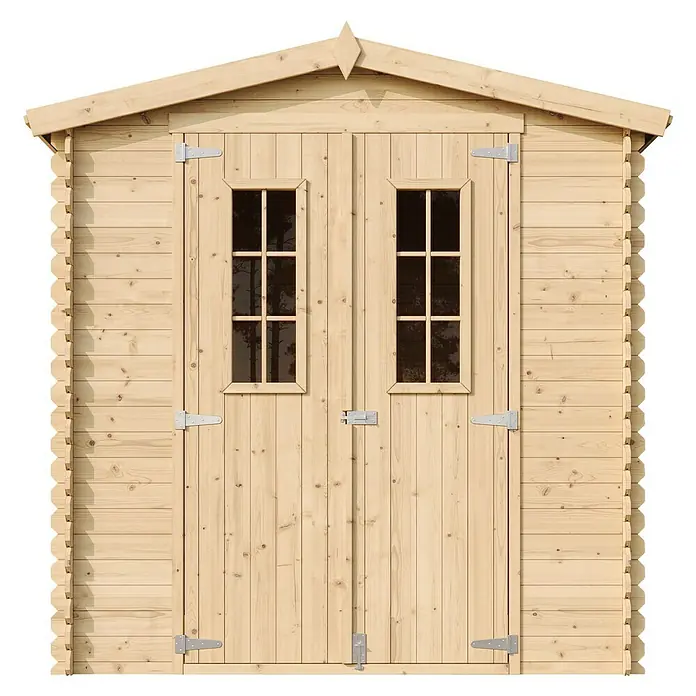 Timbela Gerätehaus M343C - Außenmaß inkl. Dachüberstand (B x T): 216 x 206 cm, Holz, Natur - Holzlagergebäude mit Doppeltür und Fenstern. Praktische Gartengerätehaus-Lösung für mehr Platz.