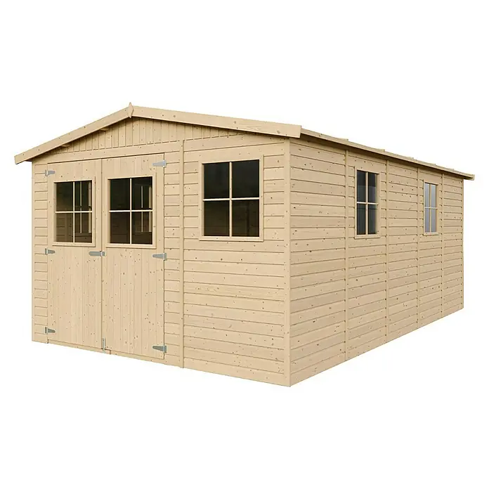 Timbela Gerätehaus M337+M337G - Außenmaß inkl. Dachüberstand (B x T): 324 x 516 cm, Holz, Natur, Mit Fußboden - Ein helles Holzgartenhaus mit Fenstern und Doppeltür. Ideal für die Aufbewahrung von Gartengeräten und Werkzeugen.