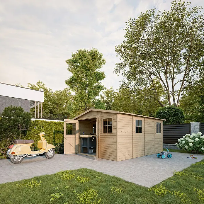 Timbela Gerätehaus M336 - Außenmaß inkl. Dachüberstand (B x T): 324 x 416 cm, Holz, Natur, Ohne Fußboden - Helles Holzgartenhaus mit geöffneten Türen, Werkbank im Inneren und einem gelben Roller davor.