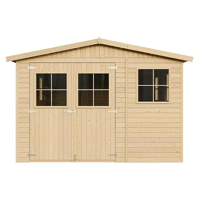 Timbela Gerätehaus M337+M337G - Außenmaß inkl. Dachüberstand (B x T): 324 x 516 cm, Holz, Natur, Mit Fußboden - Ansicht eines hellen Holzgartenhauses mit zwei Fenstern an der Doppeltür und einem Fenster an der Seite.
