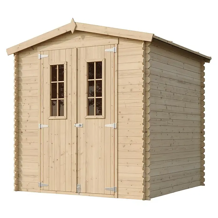 Timbela Gerätehaus M343C - Außenmaß inkl. Dachüberstand (B x T): 216 x 206 cm, Holz, Natur - Eine Detailaufnahme eines Holzgartenhauses mit Doppeltür und Fenstern, ideal für die Lagerung von Gartengeräten.