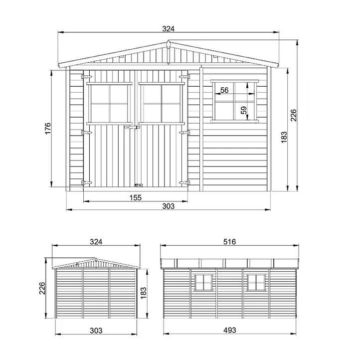 Timbela Gerätehaus M337+M337G - Außenmaß inkl. Dachüberstand (B x T): 324 x 516 cm, Holz, Natur, Mit Fußboden - Abbildung eines Holzgartenhauses mit detaillierten Maßangaben zur Veranschaulichung der Abmessungen und des Designs.