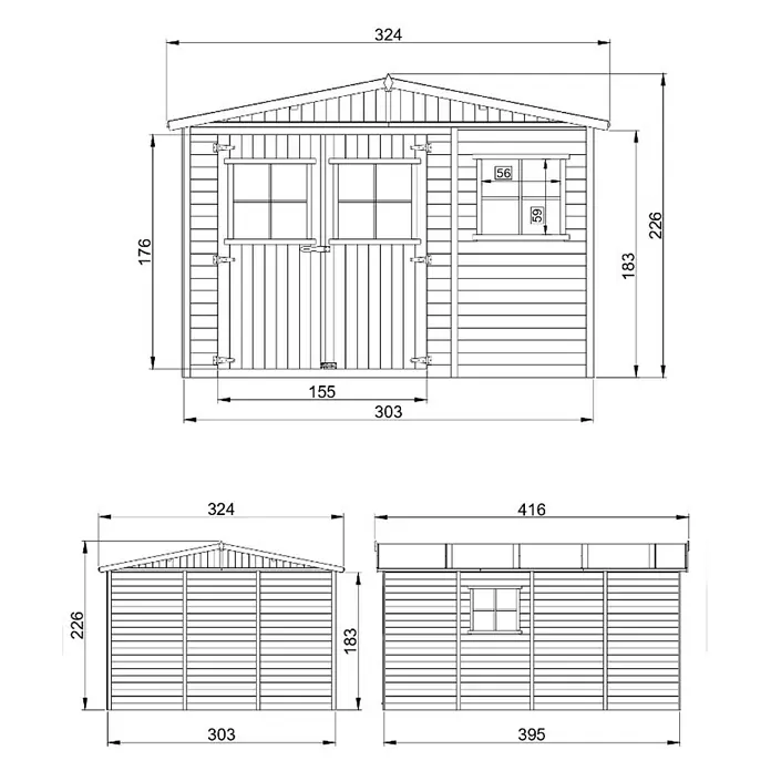 Timbela Gerätehaus M336 - Außenmaß inkl. Dachüberstand (B x T): 324 x 416 cm, Holz, Natur, Ohne Fußboden - Technische Zeichnung eines Gartenhauses mit Maßangaben für Planung und Konstruktion.