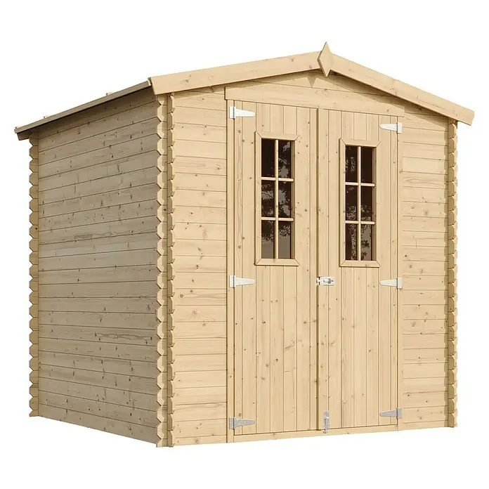 Timbela Gerätehaus M343C - Außenmaß inkl. Dachüberstand (B x T): 216 x 206 cm, Holz, Natur - Ein geräumiges Holzgartenhaus mit Doppeltüren und Fenstern, ideal für die Lagerung von Gartengeräten und als Werkstatt.