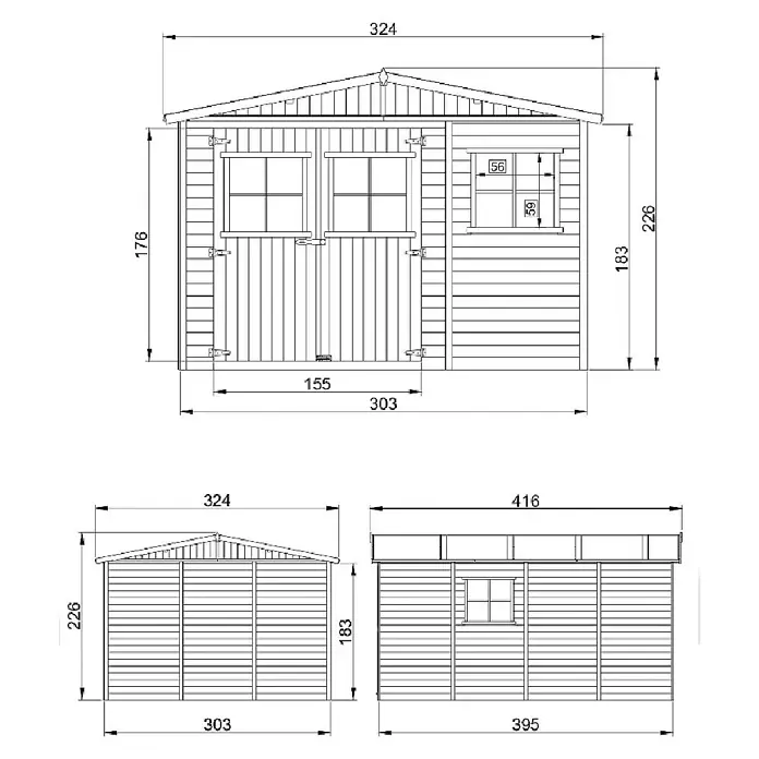 Timbela Gerätehaus M336+336G - Außenmaß inkl. Dachüberstand (B x T): 324 x 416 cm, Holz, Natur, Mit Fußboden - Technische Zeichnung eines Gartenhauses mit Maßangaben zu Höhe, Breite und Tiefe der einzelnen Bauelemente.