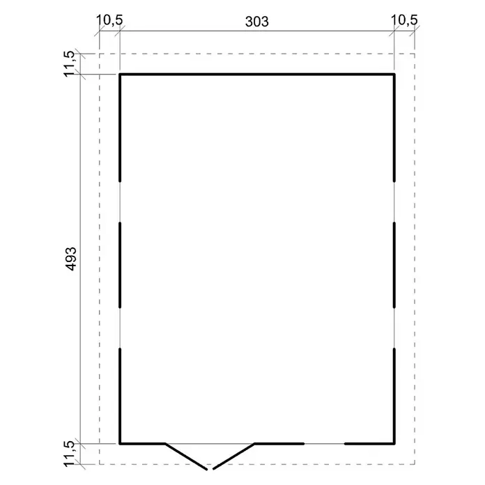Timbela Gerätehaus M337+M337G - Außenmaß inkl. Dachüberstand (B x T): 324 x 516 cm, Holz, Natur, Mit Fußboden - Die Abbildung zeigt einen Bauplan mit Bemaßungen von 303 und 493, ergänzt durch Details von 10,5 und 11,5, die die architektonischen Dimensionen hervorheben.