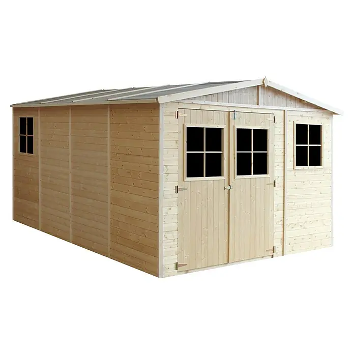 Timbela Gerätehaus M336 - Außenmaß inkl. Dachüberstand (B x T): 324 x 416 cm, Holz, Natur, Ohne Fußboden - Abbildung eines Holzgartenhauses mit Doppeltür und Fenstern, ideal für die Aufbewahrung von Gartengeräten und -möbeln.