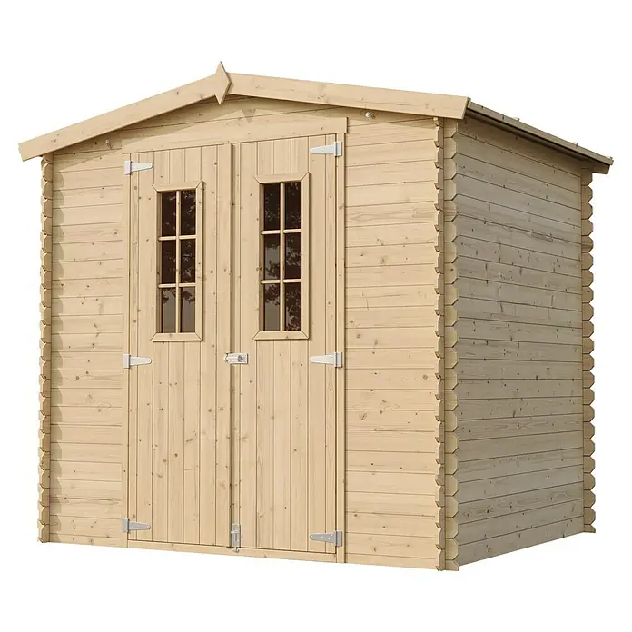 Timbela Gerätehaus M369C - Außenmaß inkl. Dachüberstand (B x T): 236 x 226 cm, Holz, Natur, Ohne Fußboden - Holzgartenhaus mit Doppeltür und Fenstern. Das Gartenhaus bietet viel Stauraum für Gartengeräte und -möbel und ist ein echter Hingucker.
