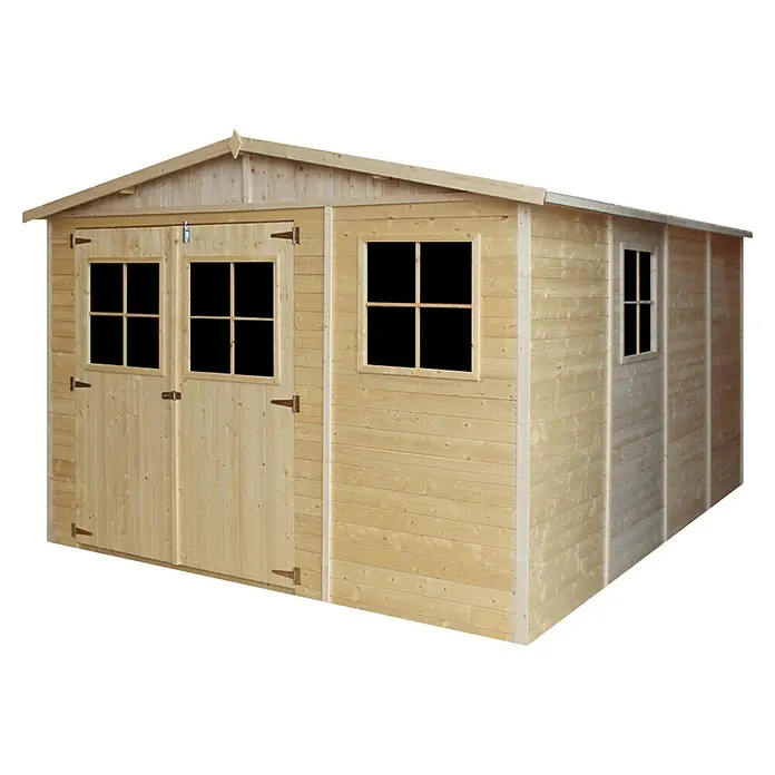 Timbela Gerätehaus M336 - Außenmaß inkl. Dachüberstand (B x T): 324 x 416 cm, Holz, Natur, Ohne Fußboden - Ein hölzernes Gartenhaus mit Doppeltür und Fenstern, ideal für die Gartenaufbewahrung und als attraktiver Blickfang im Garten.