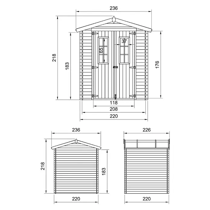 Timbela Gerätehaus M369C - Außenmaß inkl. Dachüberstand (B x T): 236 x 226 cm, Holz, Natur, Ohne Fußboden - Technische Zeichnung eines Gartenhauses mit Maßen, die die Abmessungen und das Design des Produkts detailliert darstellen.