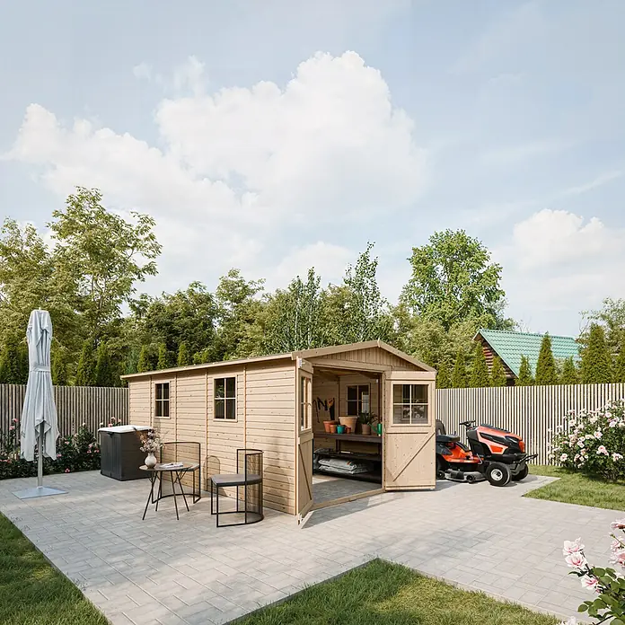 Timbela Gerätehaus M337 - Außenmaß inkl. Dachüberstand (B x T): 324 x 516 cm, Holz, Natur, Ohne Fußboden - Ein geräumiges Gartenhaus aus Holz mit geöffneten Türen, das viel Stauraum bietet und sich perfekt in jeden Garten einfügt.