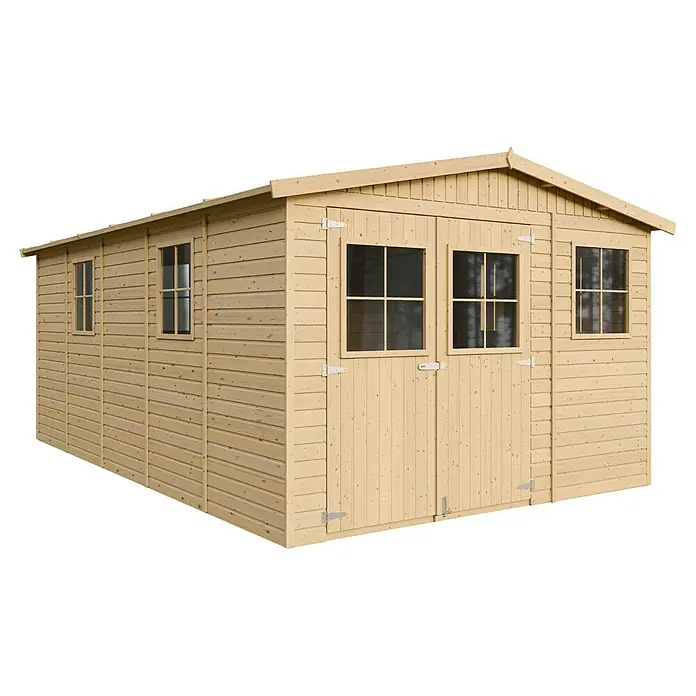Timbela Gerätehaus M337+M337G - Außenmaß inkl. Dachüberstand (B x T): 324 x 516 cm, Holz, Natur, Mit Fußboden - Ein geräumiges Gartenhaus aus hellem Holz mit Doppeltüren und Fenstern bietet viel Stauraum für Gartengeräte und mehr.
