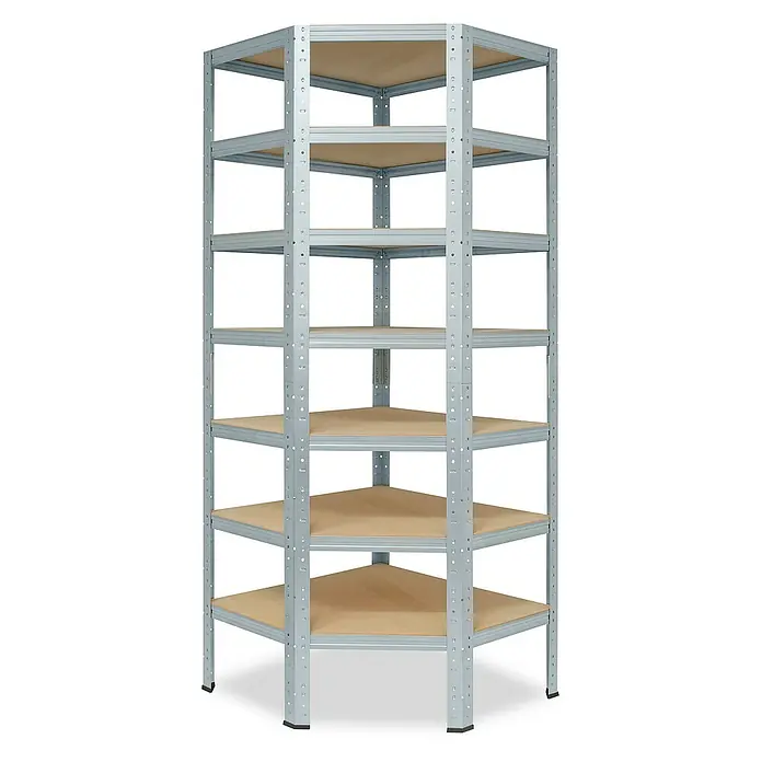 shelfplaza Schwerlastregal HOME - H x B x T: 230 x 70 x 45 cm, Traglast pro Boden: 175 kg, Stecken, verzinkt - Das Bild zeigt ein Eckregal mit sechs Regalböden. Das Regal ist aus Metall gefertigt und die Böden sind aus Holz. Es ist ideal für die Eckaufbewahrung.