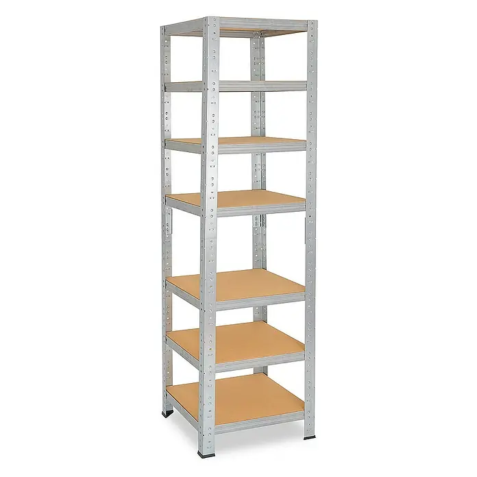 shelfplaza Schwerlastregal HOME - H x B x T: 180 x 30 x 30 cm, Traglast pro Boden: 175 kg, Stecken, verzinkt - Ein hohes, graues Metallregal mit fünf Holzregalböden, ideal für Lagerung und Organisation in Garage, Keller oder Abstellraum.
