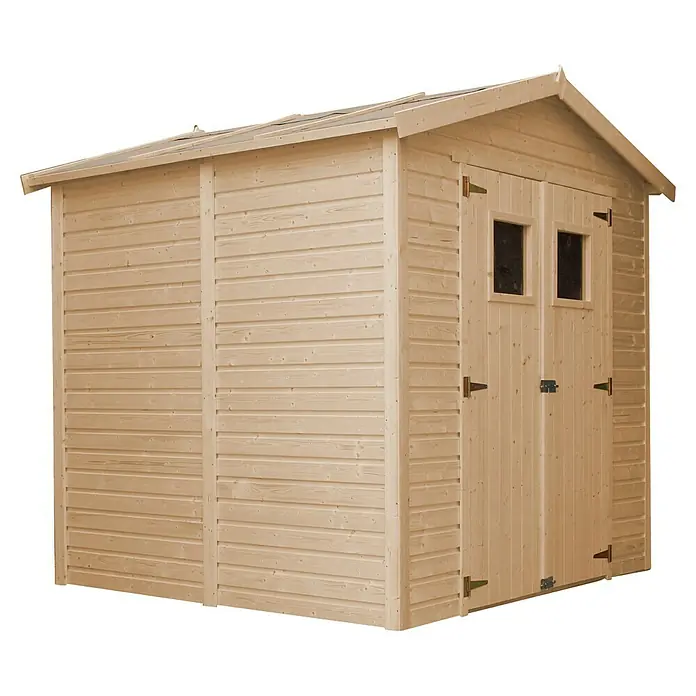 Timbela Gerätehaus M351 - Außenmaß inkl. Dachüberstand (B x T): 233 x 222 cm, Holz, Natur, Ohne Fußboden - Detailaufnahme eines Holzgartenschuppens mit Doppeltür und Fenster. Das unbehandelte Holz strahlt Natürlichkeit aus.