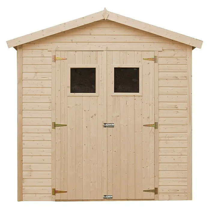 Timbela Gerätehaus M351 - Außenmaß inkl. Dachüberstand (B x T): 233 x 222 cm, Holz, Natur, Ohne Fußboden - Eine Nahaufnahme eines Holzschuppens mit Doppeltür und zwei Fenstern unter dem Giebeldach, ideal für Gartengeräte und Lagerung im Freien.