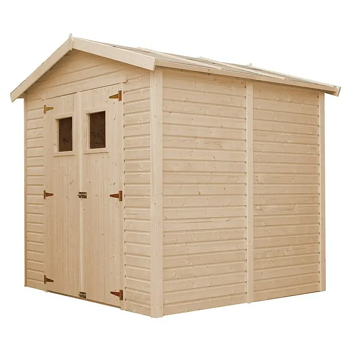 Timbela Gerätehaus M351 - Außenmaß inkl. Dachüberstand (B x T): 233 x 222 cm, Holz, Natur, Ohne Fußboden - Außenansicht eines Holzgartenhauses mit Doppeltür und kleinen Fenstern, ideal zur Aufbewahrung von Gartengeräten und Werkzeugen.