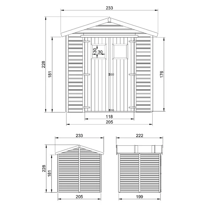 Timbela Gerätehaus M351 - Außenmaß inkl. Dachüberstand (B x T): 233 x 222 cm, Holz, Natur, Ohne Fußboden - Abbildung eines Gerätehauses mit Maßangaben, die die Abmessungen und Proportionen des Produkts hervorheben.