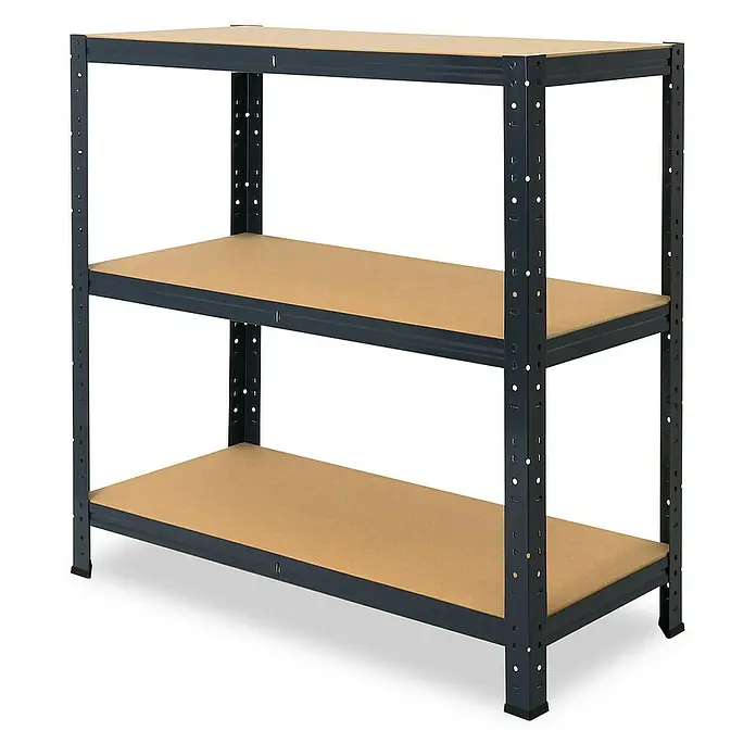 shelfplaza Schwerlastregal HOME - H x B x T: 100 x 110 x 50 cm, Traglast pro Boden: 175 kg, Stecken, anthrazit - Abbildung eines robusten, dreistöckigen Regals mit stabilen Metallrahmen und hölzernen Regalböden.