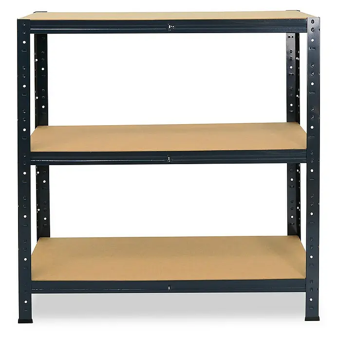 shelfplaza Schwerlastregal HOME - H x B x T: 100 x 110 x 50 cm, Traglast pro Boden: 175 kg, Stecken, anthrazit - Ein dreistufiges, schwarzes Metallregal mit hölzernen Einlegeböden, ideal für Lagerung und Organisation.
