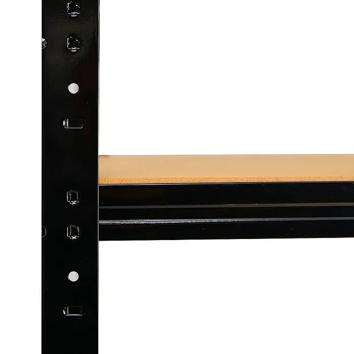 shelfplaza Schwerlastregal HOME - H x B x T: 100 x 110 x 50 cm, Traglast pro Boden: 175 kg, Stecken, anthrazit - Nahaufnahme eines schwarzen Metallregals mit Holzregalböden, das die robuste Bauweise und Funktionalität hervorhebt.