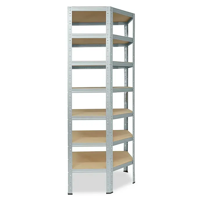 shelfplaza Schwerlastregal HOME - H x B x T: 230 x 90 x 60 cm, Traglast pro Boden: 175 kg, Stecken, verzinkt - Das Bild zeigt ein Eckregal mit metallenen Rahmen und hölzernen Regalböden. Das Regal bietet viel Stauraum.