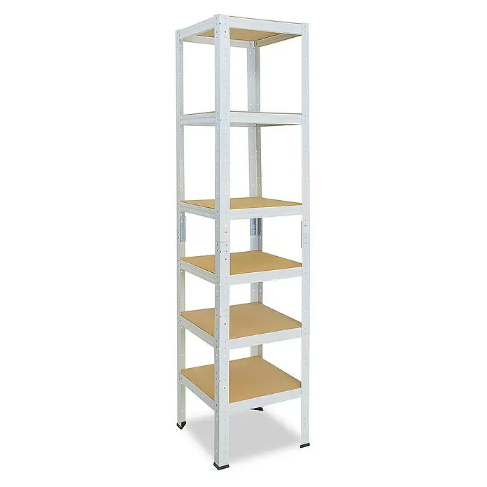 shelfplaza Schwerlastregal HOME - H x B x T: 180 x 60 x 60 cm, Traglast pro Boden: 175 kg, Stecken, weiß - Hohes, schlankes Lagerregal mit fünf Regalböden und einem weißen Metallrahmen zur Organisation von Gegenständen.