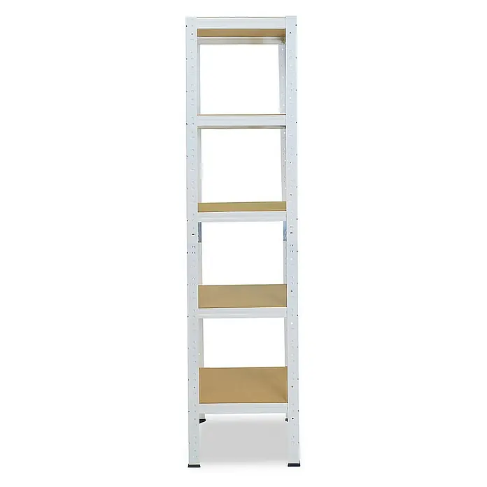 shelfplaza Schwerlastregal HOME - H x B x T: 200 x 45 x 45 cm, Traglast pro Boden: 175 kg, Stecken, weiß - Ansicht eines weißen Metallregals mit vier Regalböden aus Holz. Das Regal ist hochformatig und auf einem weißen Hintergrund platziert.