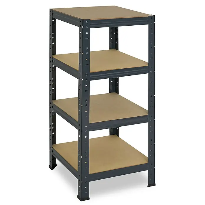shelfplaza Schwerlastregal HOME - H x B x T: 100 x 45 x 45 cm, Traglast pro Boden: 175 kg, Stecken, anthrazit - Ein graues Metallregal mit vier Holzböden bietet praktischen Stauraum für verschiedene Gegenstände.