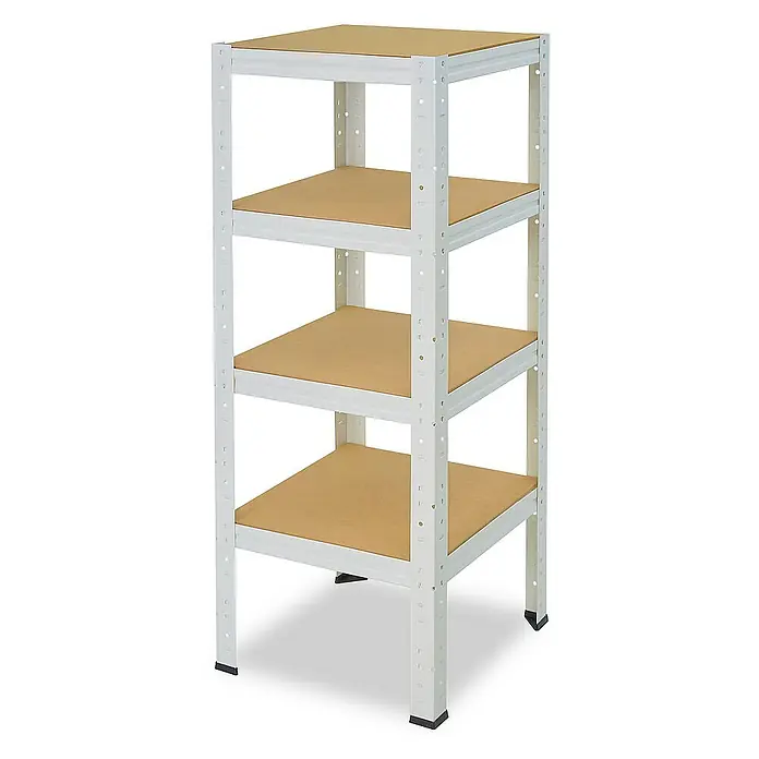 shelfplaza Schwerlastregal HOME - H x B x T: 100 x 40 x 40 cm, Traglast pro Boden: 175 kg, Stecken, weiß - Ein weißes Regal mit vier Holzablagen, das eine praktische und platzsparende Aufbewahrungslösung darstellt.