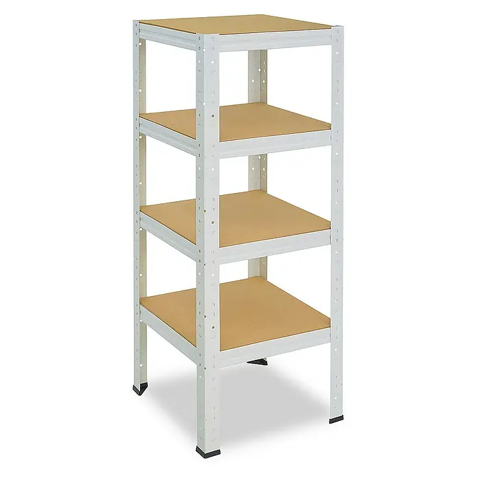 shelfplaza Schwerlastregal HOME - H x B x T: 100 x 40 x 40 cm, Traglast pro Boden: 175 kg, Stecken, weiß - Das Bild zeigt ein weißes Regal mit vier quadratischen, braunen Ablageflächen. Das Regal ist schlicht und funktional gestaltet.
