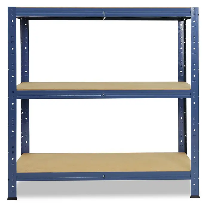 shelfplaza Schwerlastregal HOME - H x B x T: 90 x 40 x 30 cm, Traglast pro Boden: 175 kg, Stecken, blau - Abbildung eines blauen Metallregals mit zwei Holzböden, ideal für Lagerung und Organisation in Garage oder Keller.