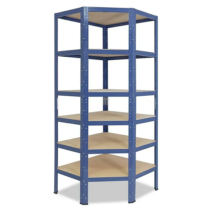 shelfplaza Schwerlastregal HOME - H x B x T: 230 x 60 x 30 cm, Traglast pro Boden: 175 kg, Stecken, blau - Eckregal mit fünf Ebenen. Das Regal ist blau und hat Holzregalböden, die Stauraum bieten. Ideal für Ecken und kleine Räume.
