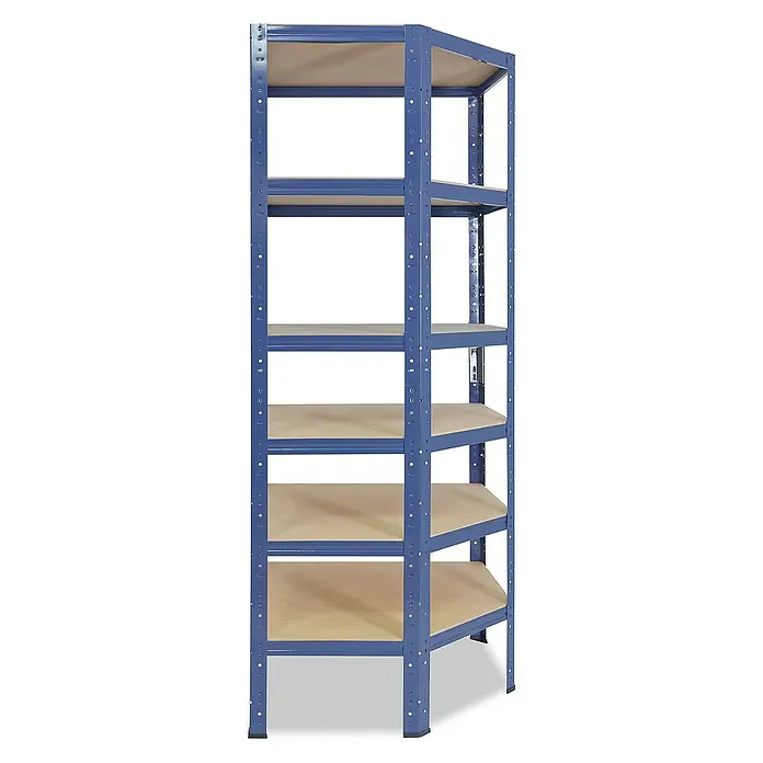 shelfplaza Schwerlastregal HOME - H x B x T: 230 x 60 x 30 cm, Traglast pro Boden: 175 kg, Stecken, blau - Das Bild zeigt ein blaues Eckregal mit fünf Holzfächern, ideal für die Organisation von Gegenständen in Ecken und kleinen Räumen.