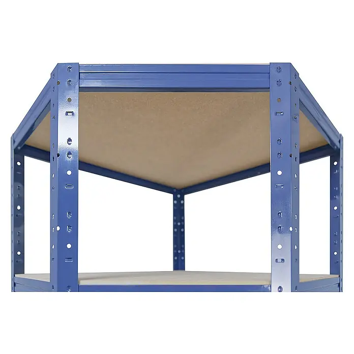 shelfplaza Schwerlastregal HOME - H x B x T: 230 x 60 x 30 cm, Traglast pro Boden: 175 kg, Stecken, blau - Abbildung eines robusten blauen Metallregals mit Regalböden aus Holz, ideal für Lagerung und Organisation.